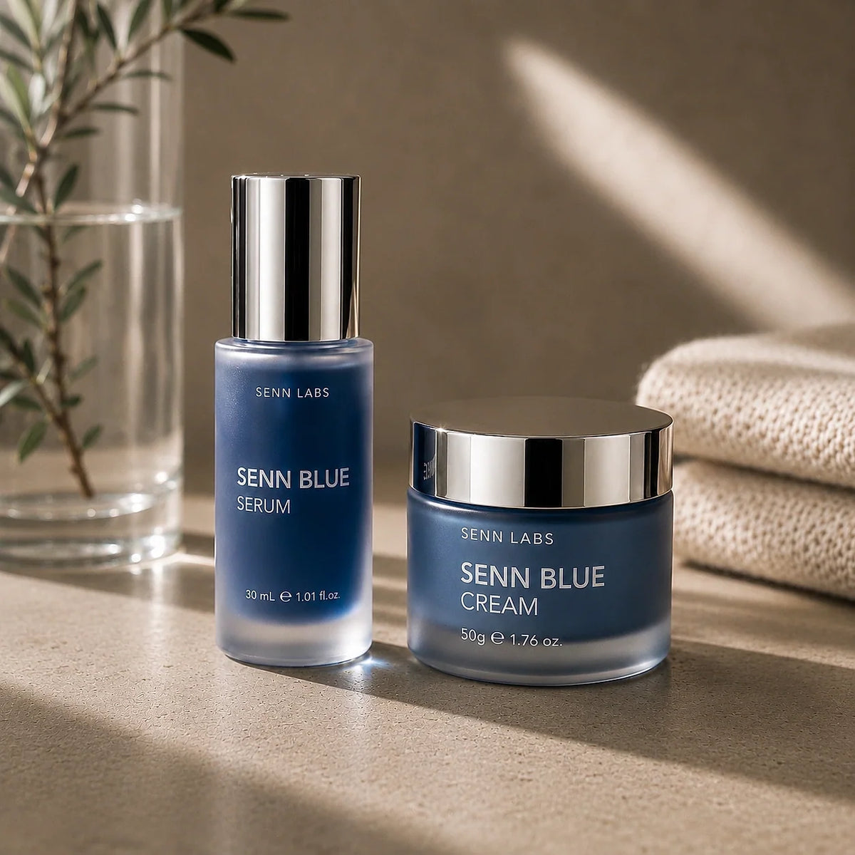 Senn Blue Face Serum and Face Cream displayed together