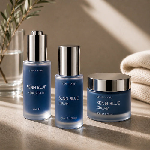 Senn Blue Face Serum, Face Cream and Hair Serum displayed together